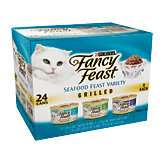 Fancy Feast Variety Pack grilled, 8 tuna feast in gravy, 8 salmon feast in gravy, 8 seafood feast in gravy Left Picture